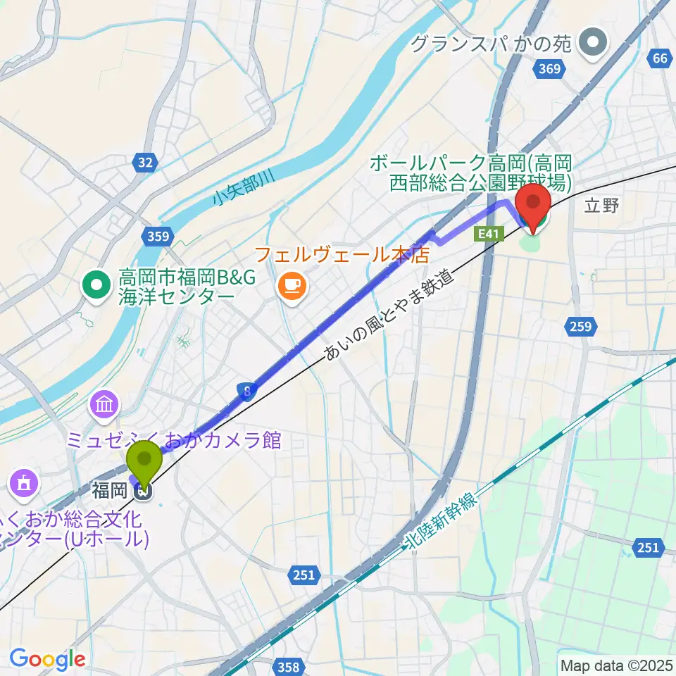 福岡駅からボールパーク高岡へのルートマップ地図
