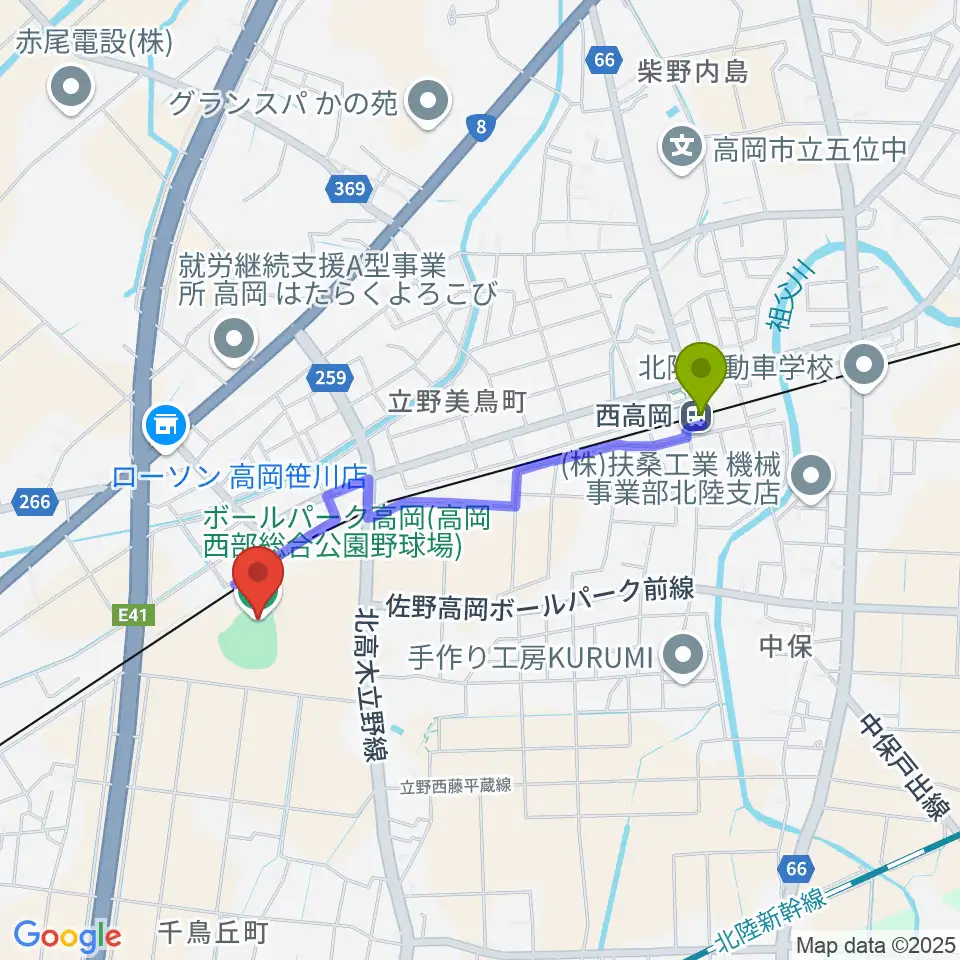 ボールパーク高岡の最寄駅西高岡駅からの徒歩ルート（約16分）地図