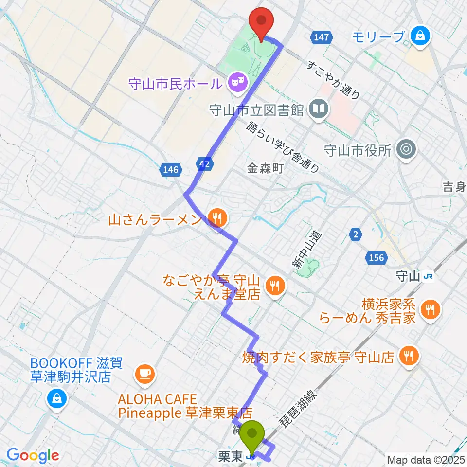 栗東駅から守山市民球場へのルートマップ地図