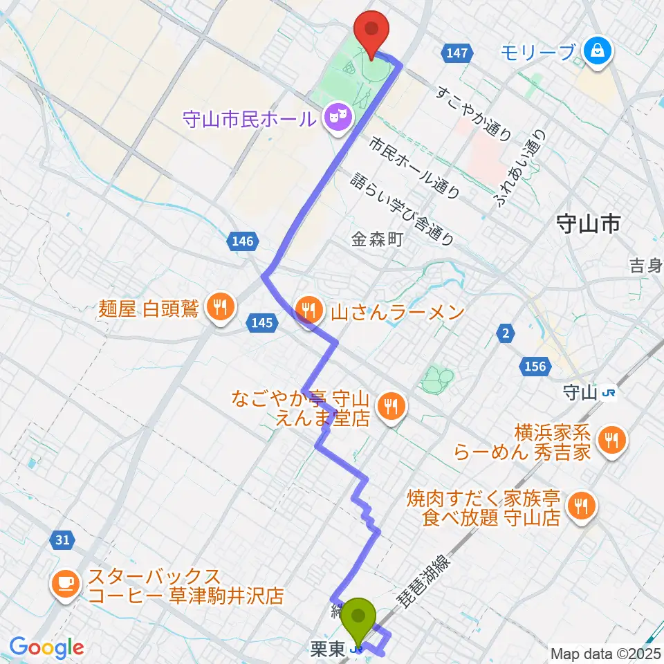 栗東駅から守山市民球場へのルートマップ地図