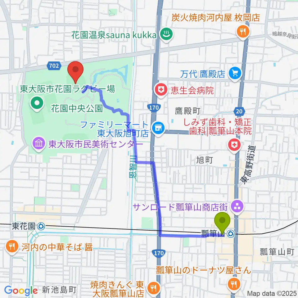 瓢箪山駅から花園セントラルスタジアムへのルートマップ地図