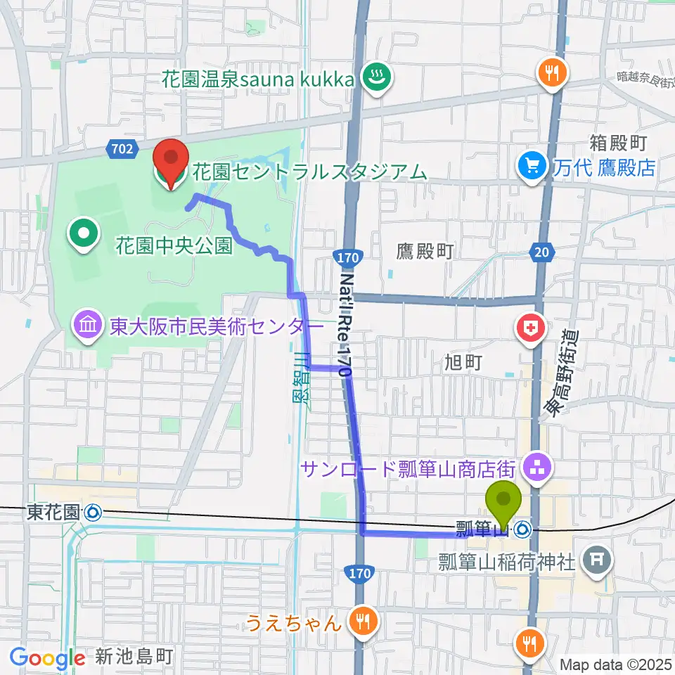 瓢箪山駅から花園セントラルスタジアムへのルートマップ地図