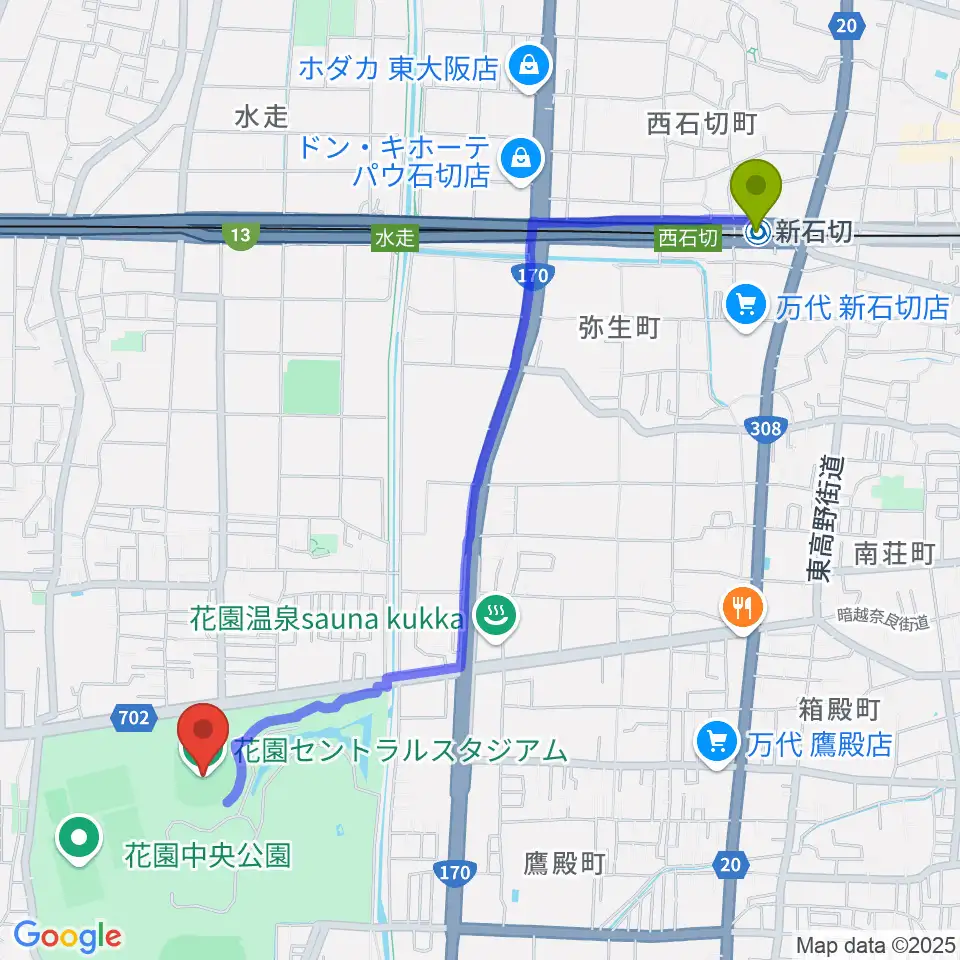 新石切駅から花園セントラルスタジアムへのルートマップ地図