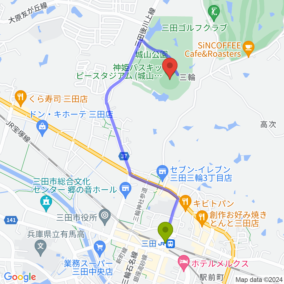 神姫バスキッピースタジアムの最寄駅三田駅からの徒歩ルート（約18分）地図