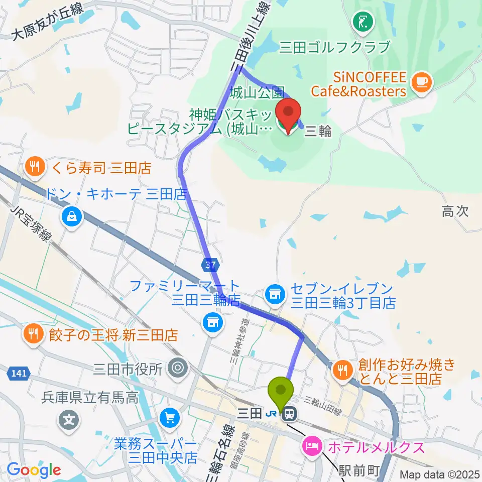神姫バスキッピースタジアムの最寄駅三田駅からの徒歩ルート（約18分）地図
