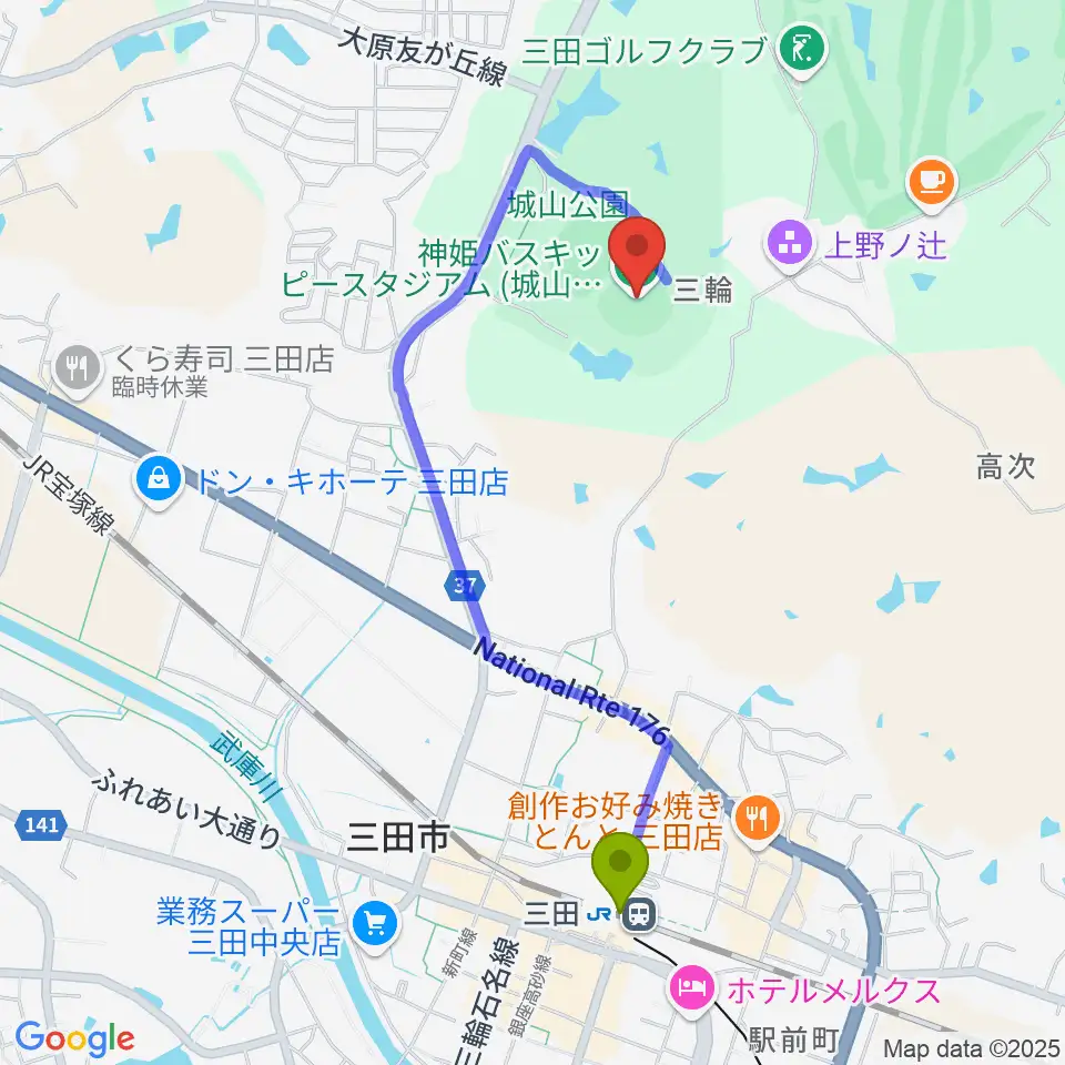 神姫バスキッピースタジアムの最寄駅三田駅からの徒歩ルート（約18分）地図