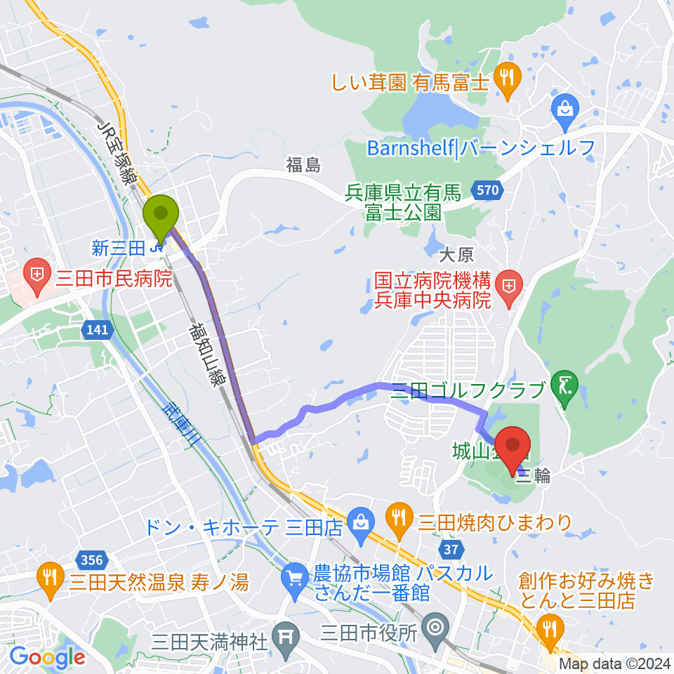 新三田駅から神姫バスキッピースタジアムへのルートマップ地図