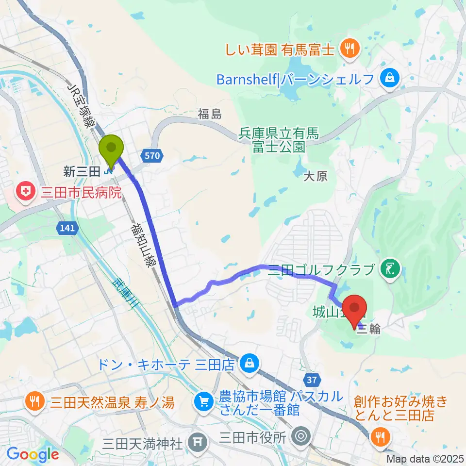 新三田駅から神姫バスキッピースタジアムへのルートマップ地図