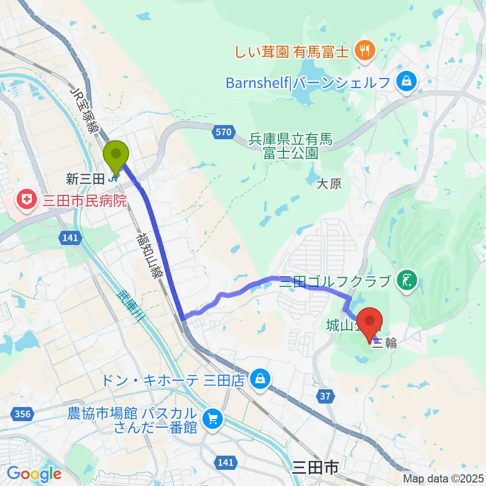 新三田駅から神姫バスキッピースタジアムへのルートマップ地図