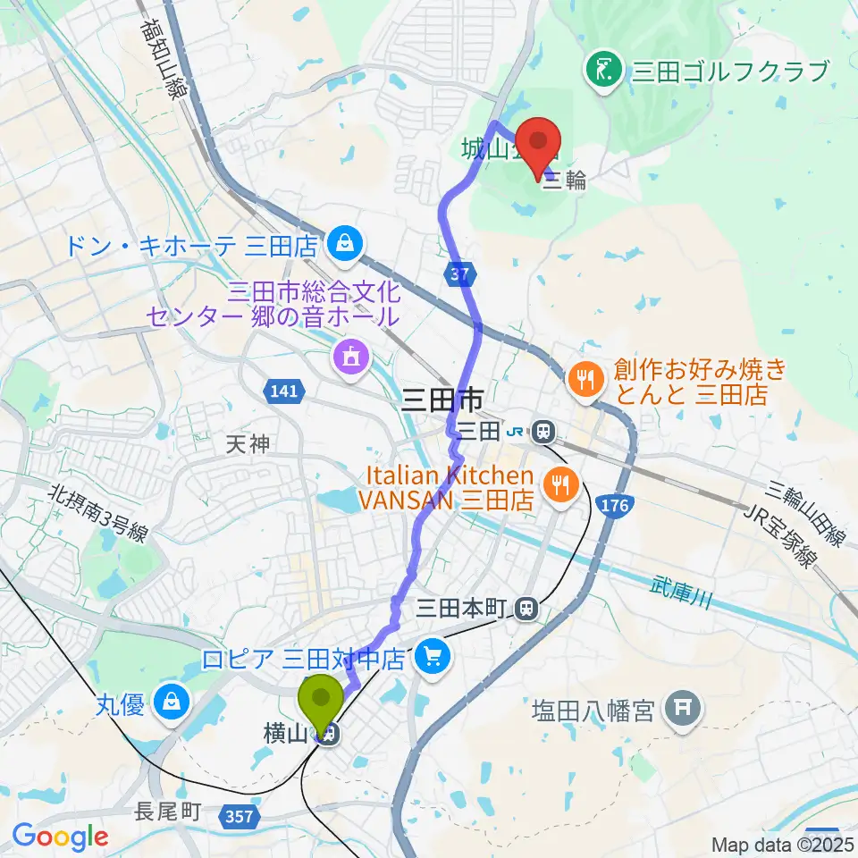 横山駅から神姫バスキッピースタジアムへのルートマップ地図