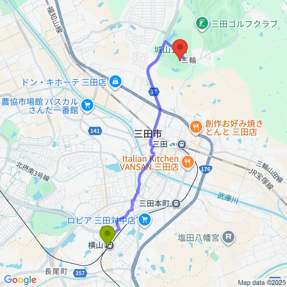 横山駅から神姫バスキッピースタジアムへのルートマップ地図