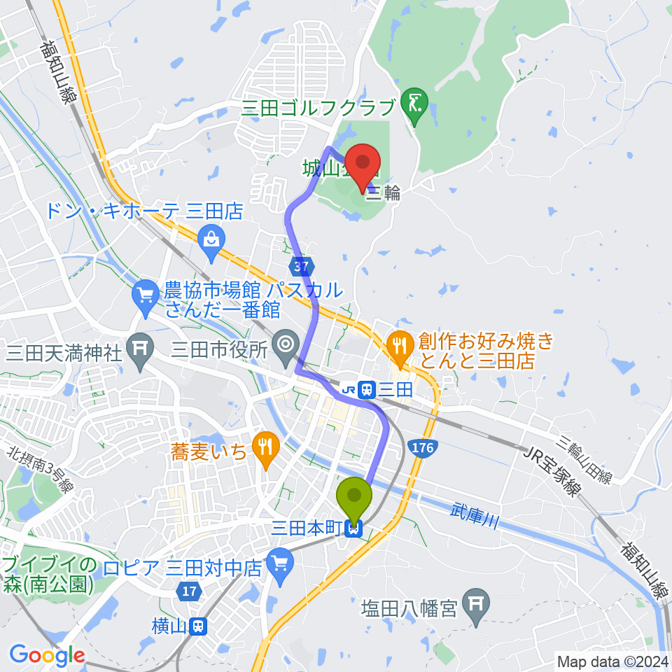 三田本町駅から神姫バスキッピースタジアムへのルートマップ地図