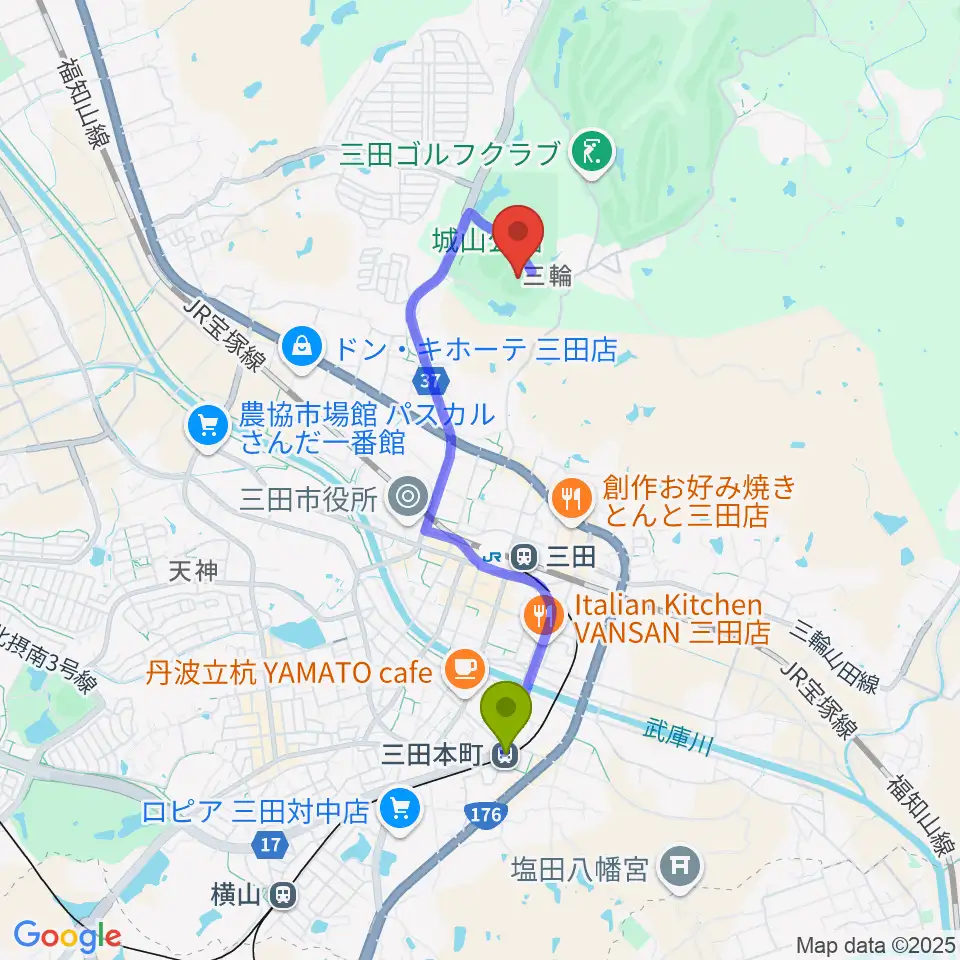 三田本町駅から神姫バスキッピースタジアムへのルートマップ地図