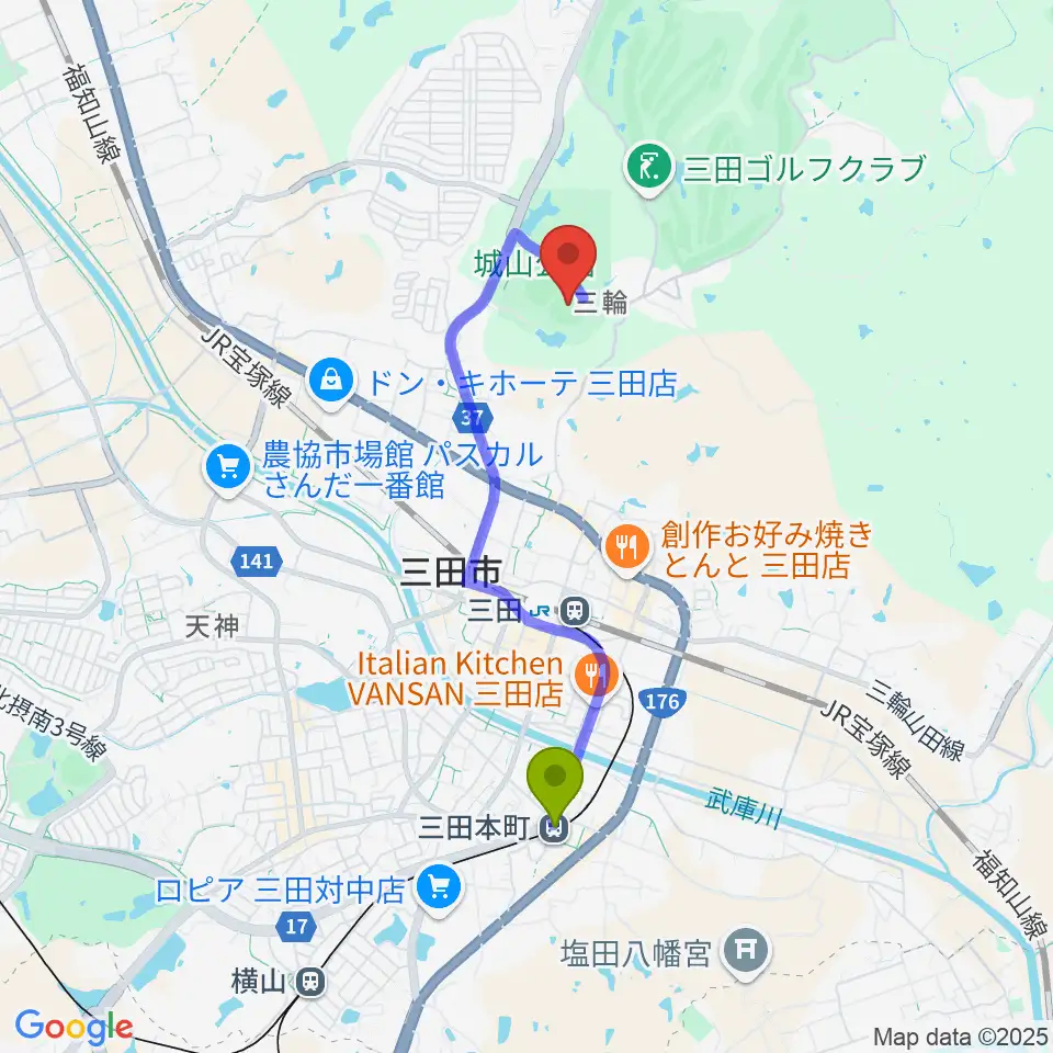 三田本町駅から神姫バスキッピースタジアムへのルートマップ地図