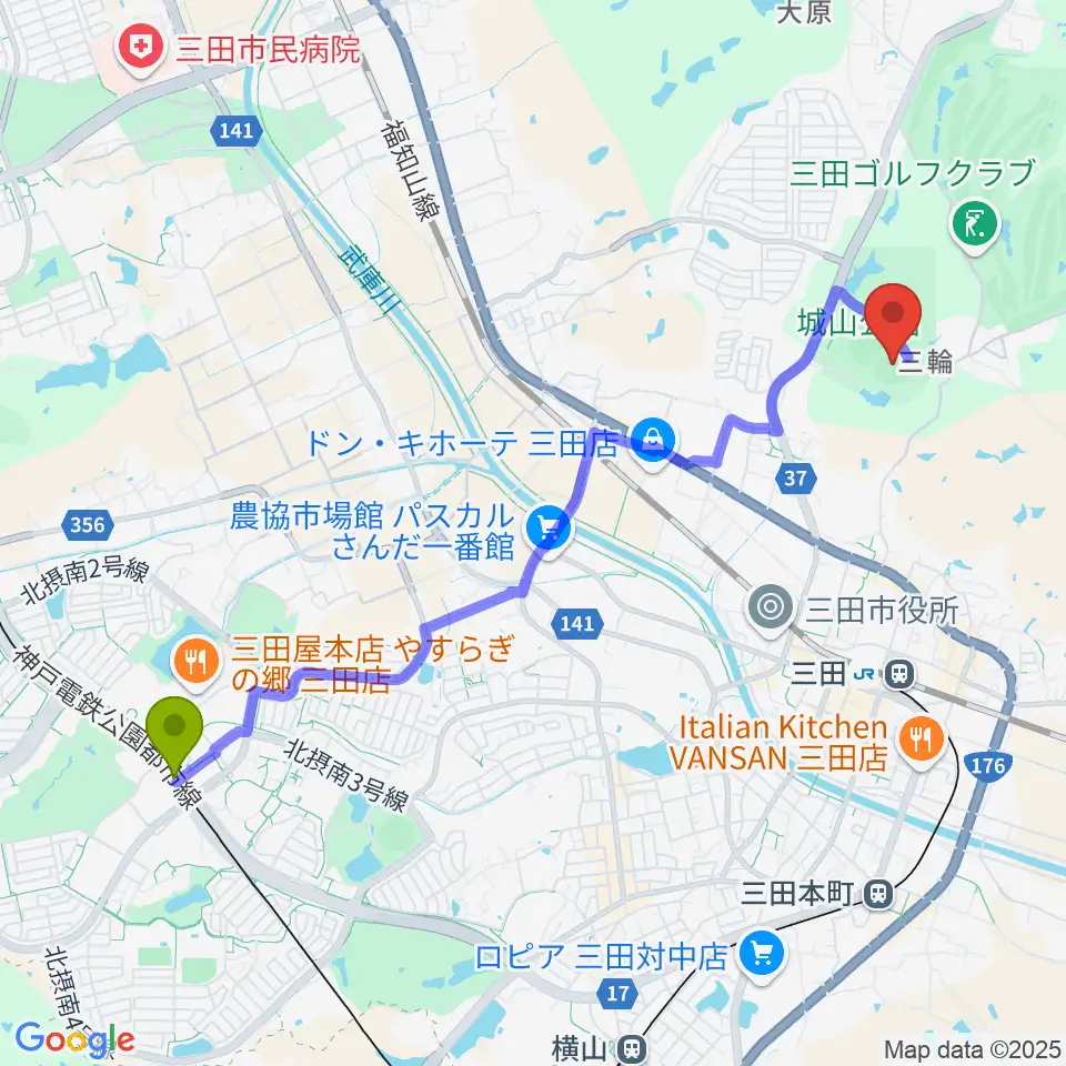 フラワータウン駅から神姫バスキッピースタジアムへのルートマップ地図