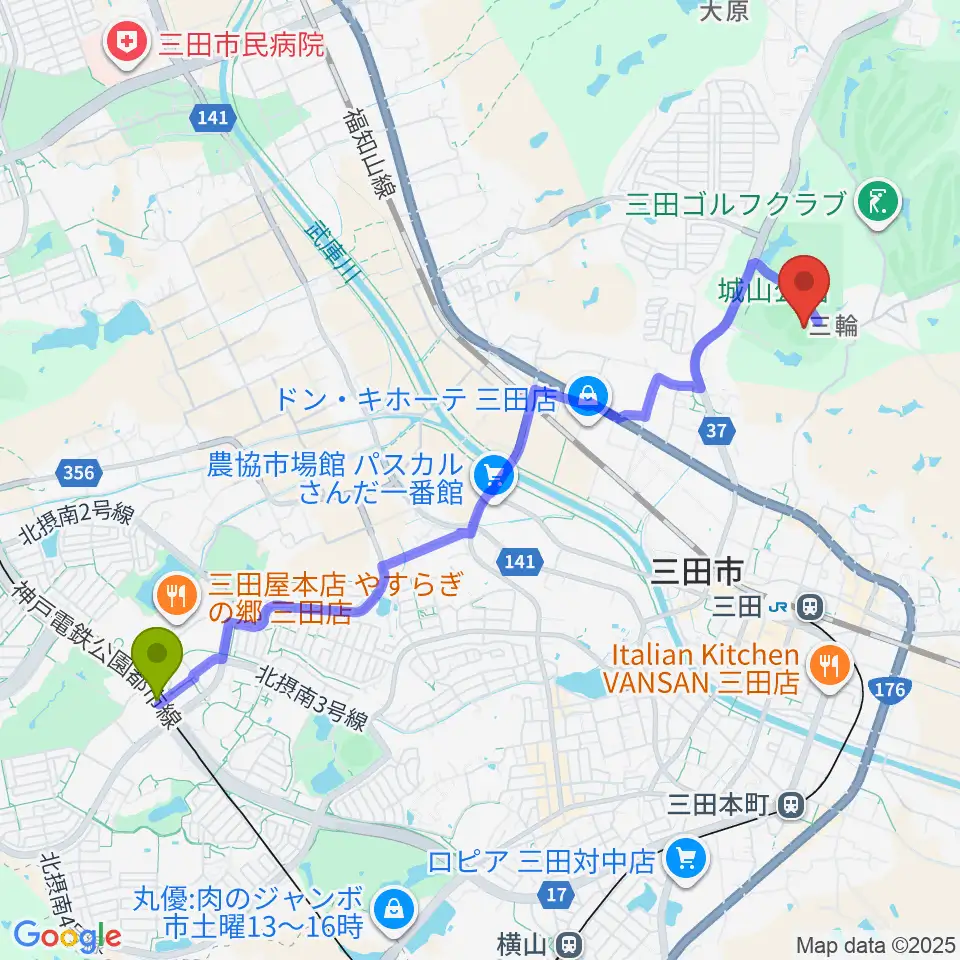フラワータウン駅から神姫バスキッピースタジアムへのルートマップ地図