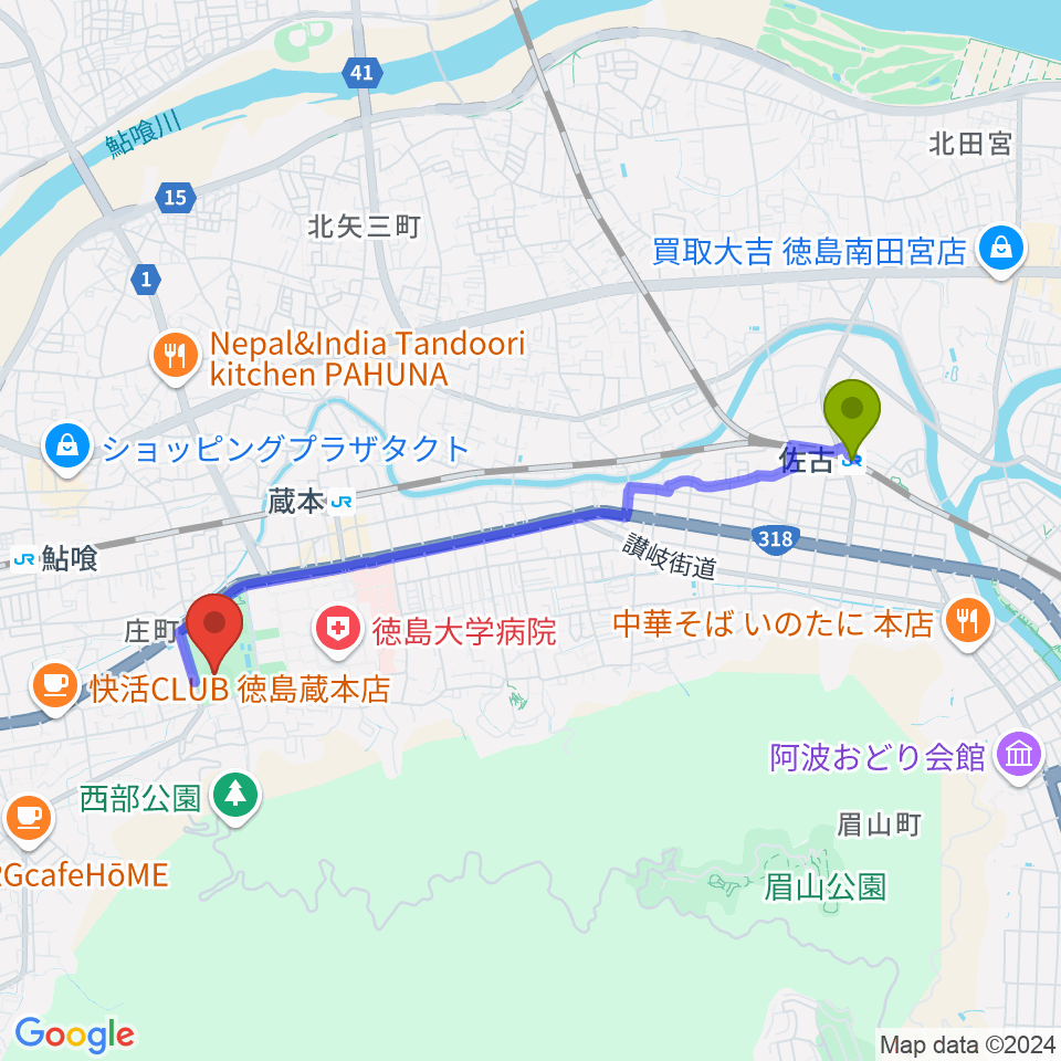 佐古駅からむつみスタジアムへのルートマップ地図