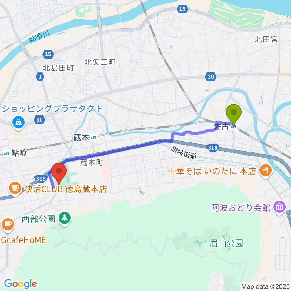 佐古駅からむつみスタジアムへのルートマップ地図