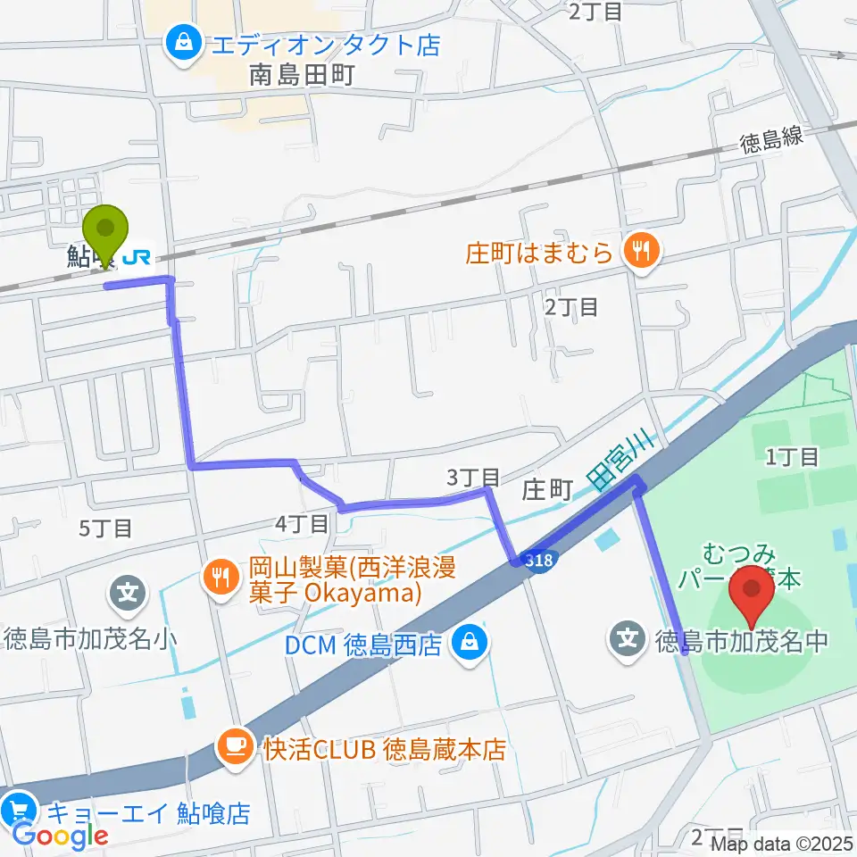 鮎喰駅からむつみスタジアムへのルートマップ地図