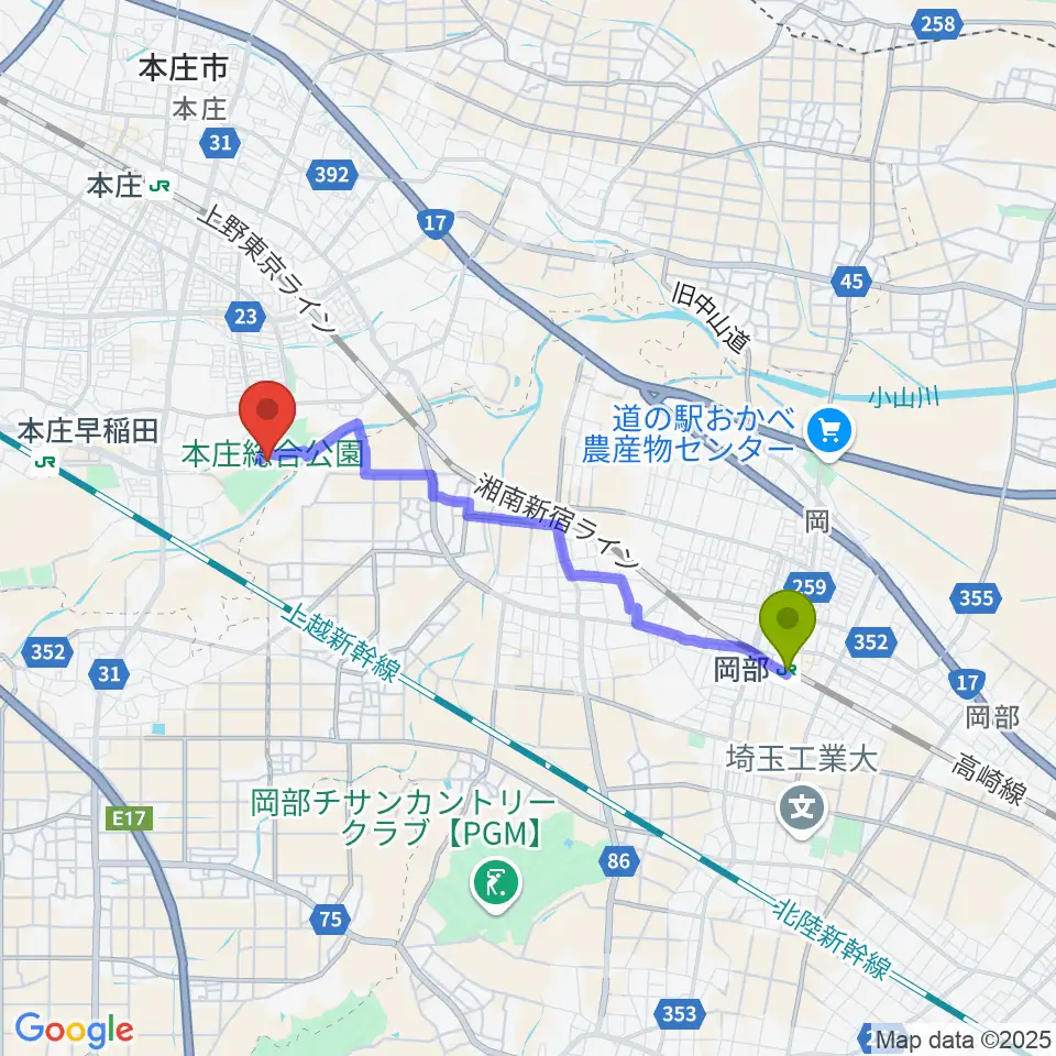 岡部駅からケイアイスタジアムへのルートマップ地図