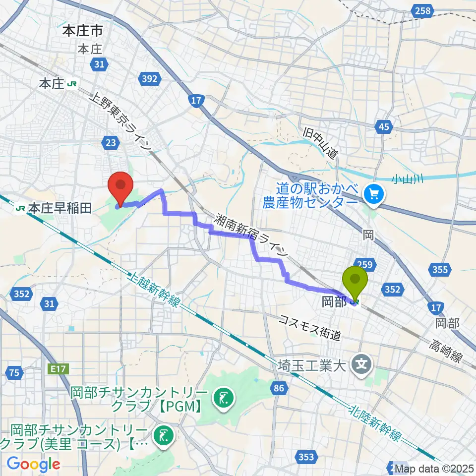 岡部駅からケイアイスタジアムへのルートマップ地図