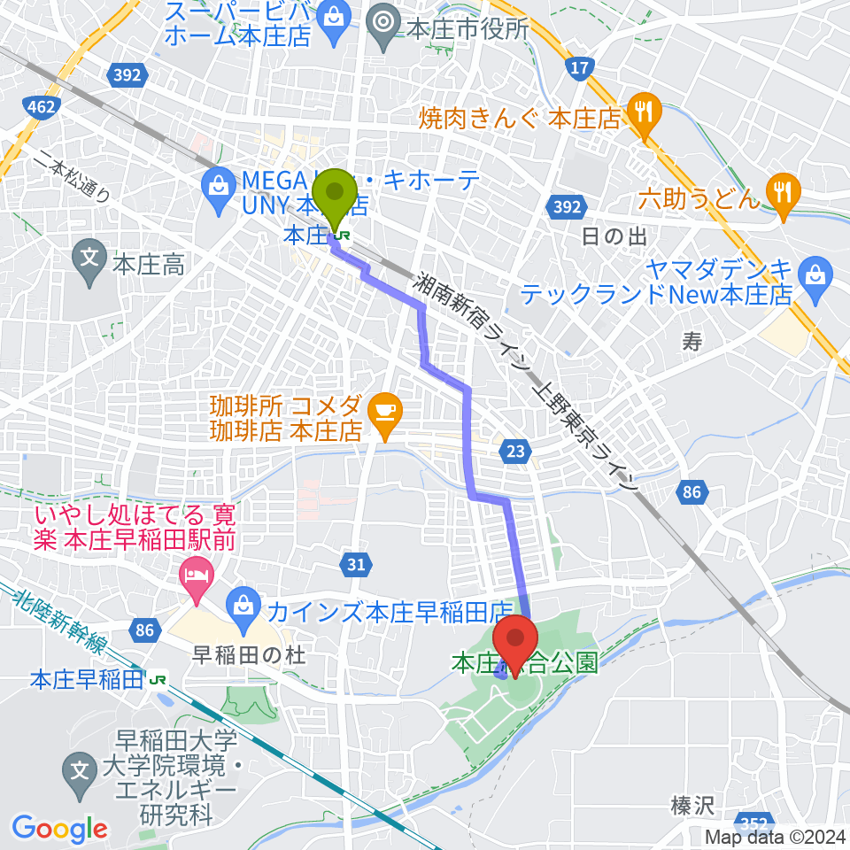 ケイアイスタジアムの最寄駅本庄駅からの徒歩ルート（約35分）地図
