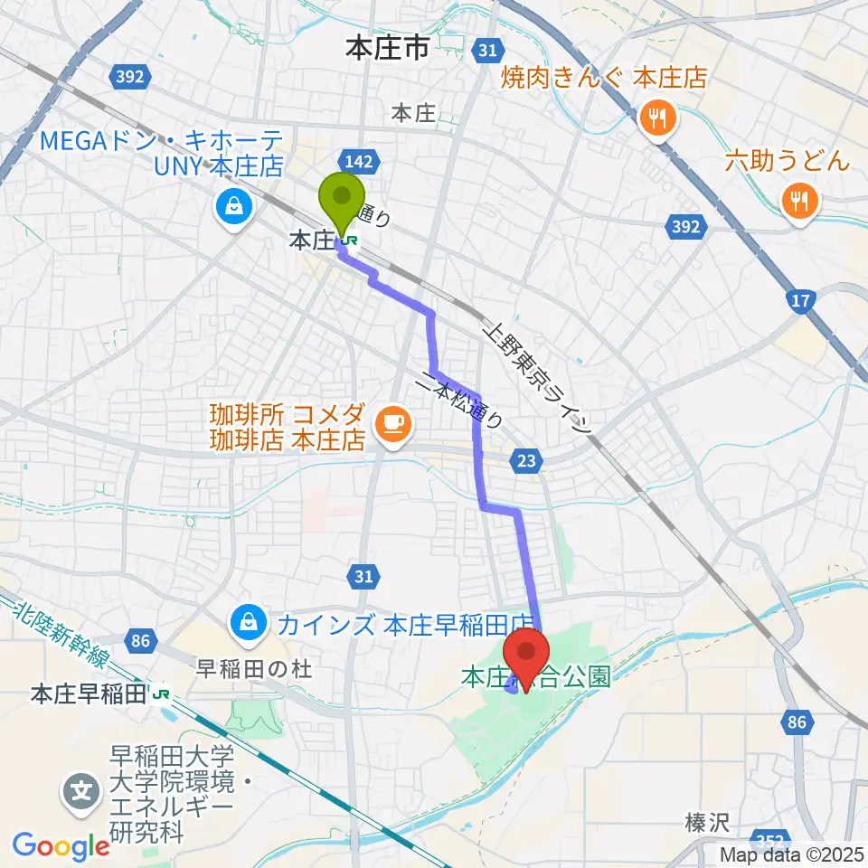 ケイアイスタジアムの最寄駅本庄駅からの徒歩ルート（約35分）地図