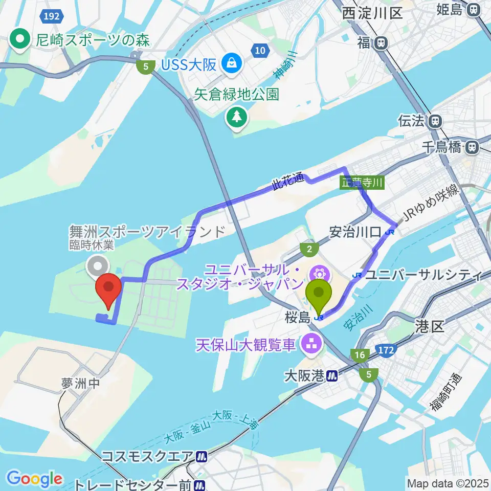 桜島駅から大阪シティ信用金庫スタジアムへのルートマップ地図
