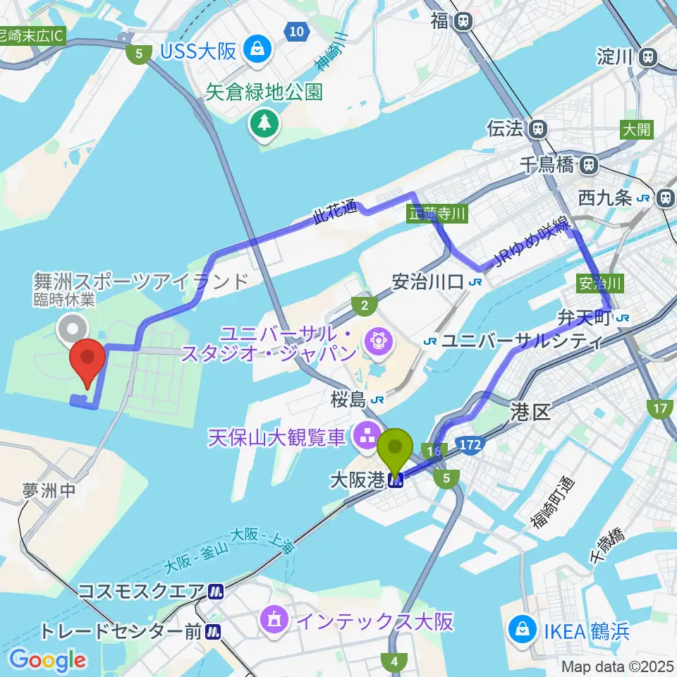 大阪港駅から大阪シティ信用金庫スタジアムへのルートマップ地図