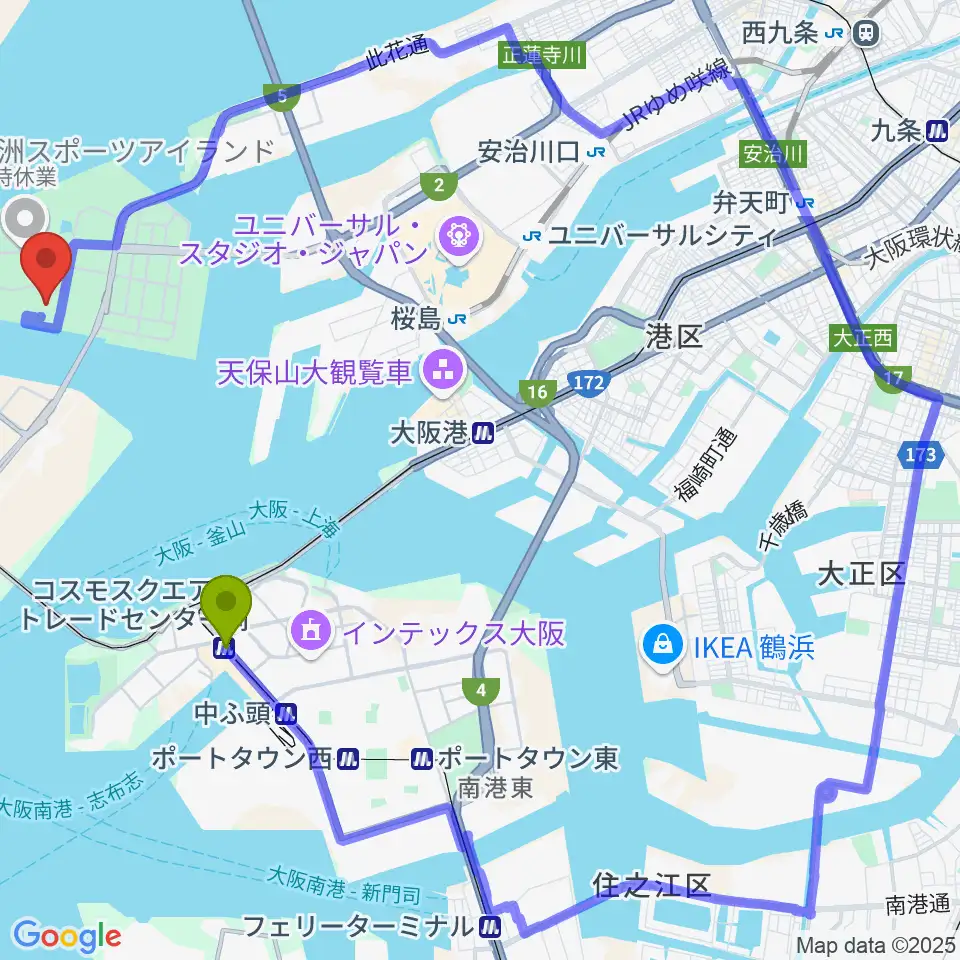 トレードセンター前駅から大阪シティ信用金庫スタジアムへのルートマップ地図
