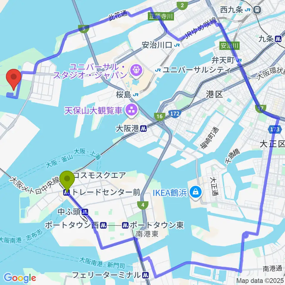 トレードセンター前駅から大阪シティ信用金庫スタジアムへのルートマップ地図