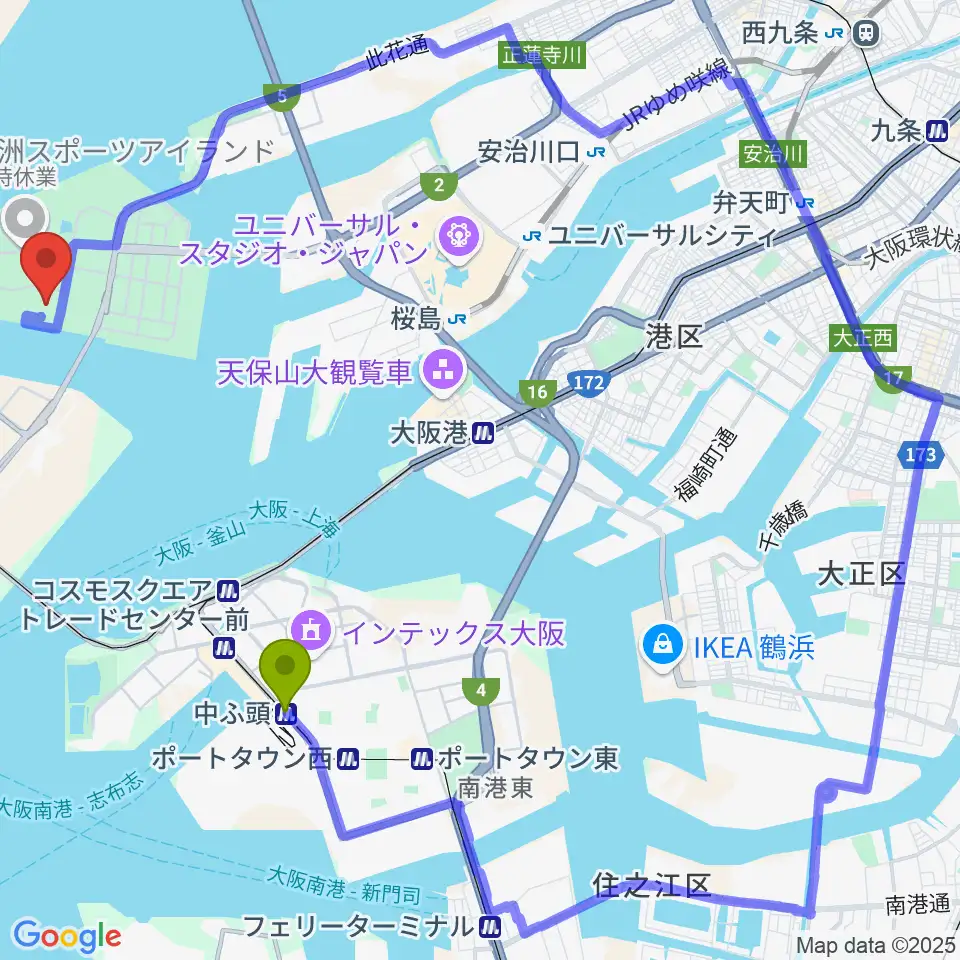 中ふ頭駅から大阪シティ信用金庫スタジアムへのルートマップ地図