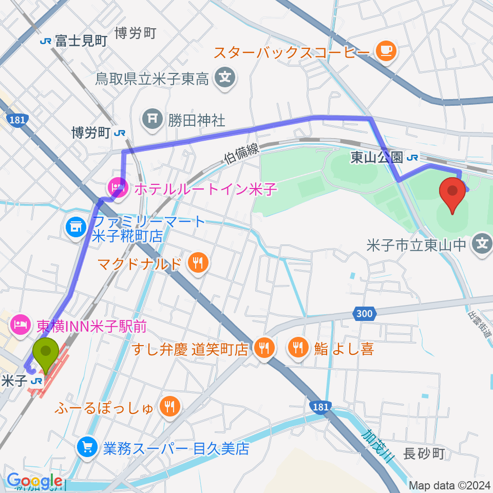 米子駅からどらドラパーク米子市民球場へのルートマップ地図