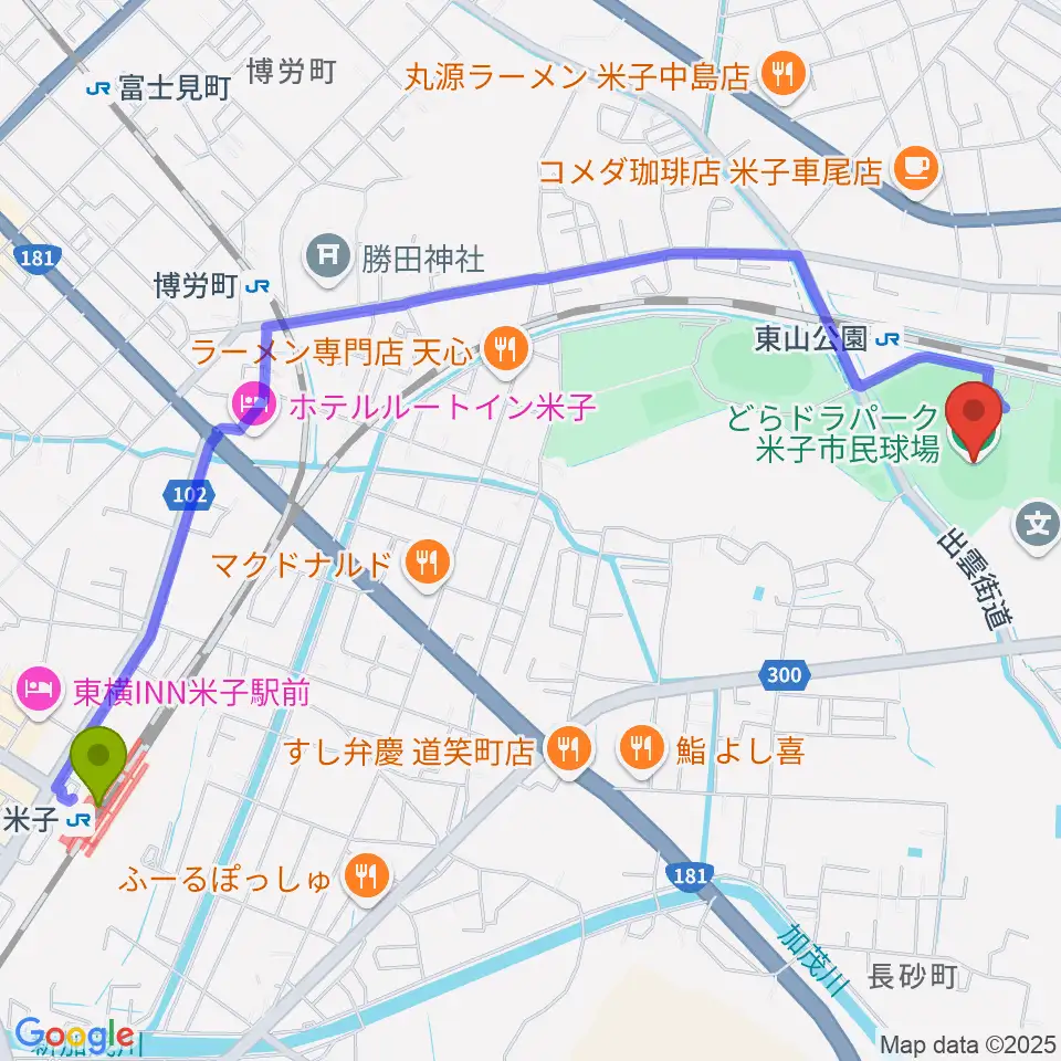 米子駅からどらドラパーク米子市民球場へのルートマップ地図