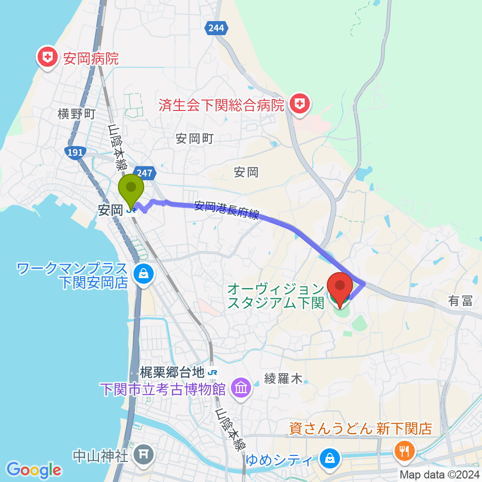 安岡駅からオーヴィジョンスタジアム下関へのルートマップ地図