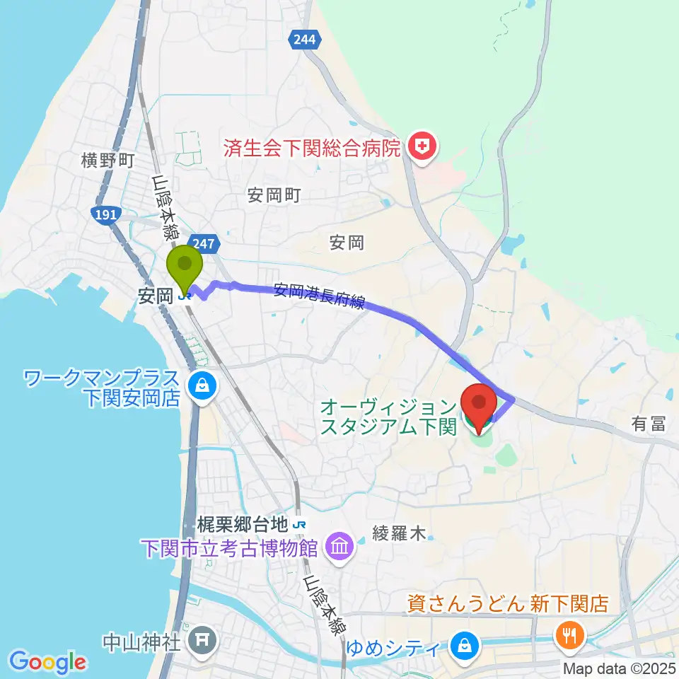 安岡駅からオーヴィジョンスタジアム下関へのルートマップ地図