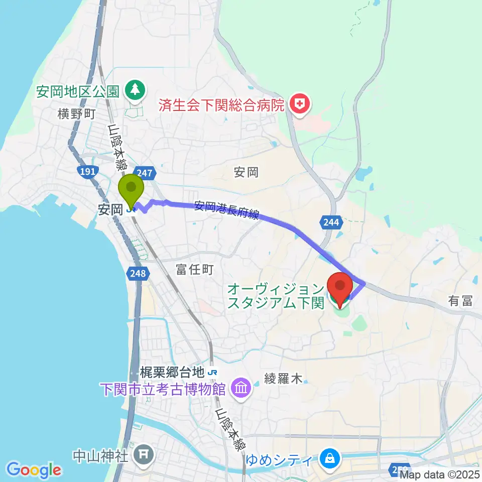 安岡駅からオーヴィジョンスタジアム下関へのルートマップ地図