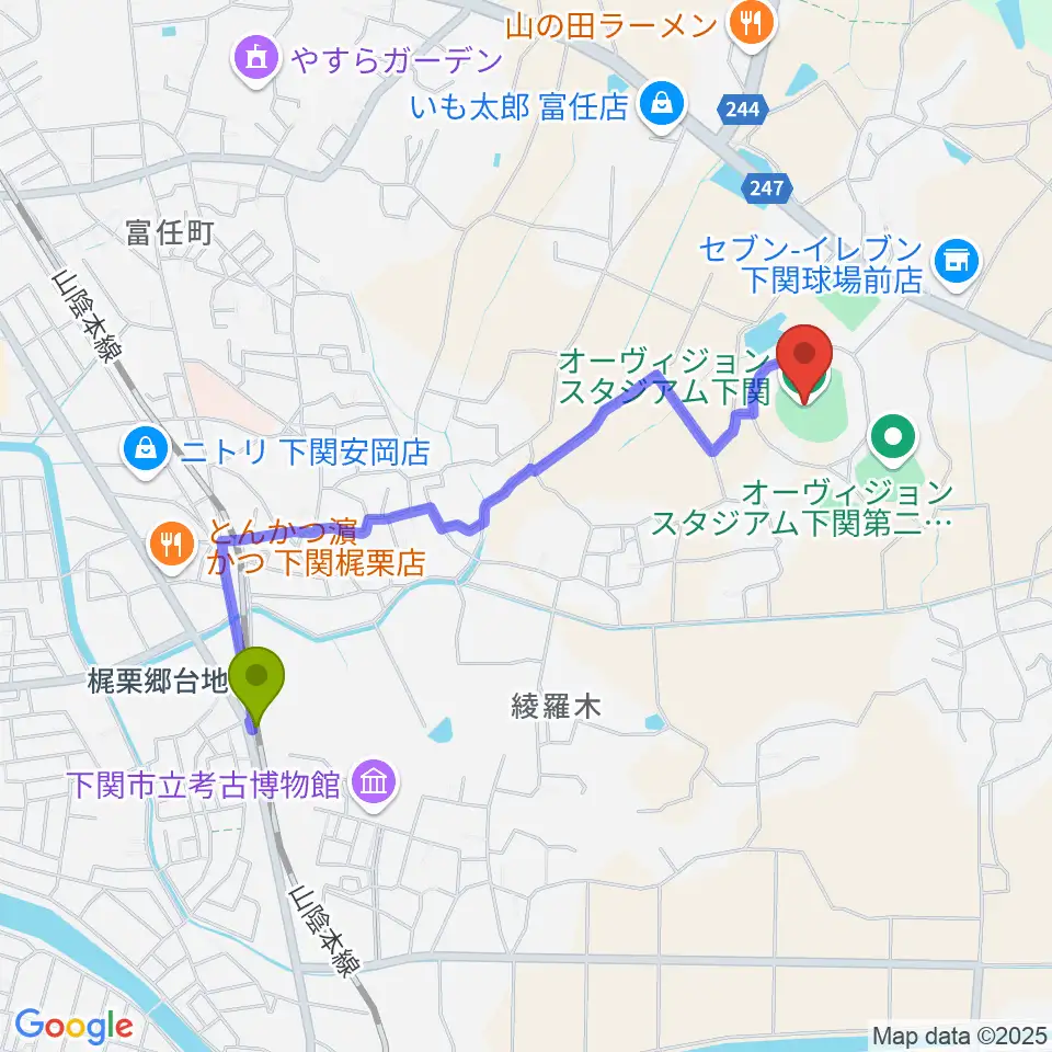 オーヴィジョンスタジアム下関の最寄駅梶栗郷台地駅からの徒歩ルート（約19分）地図