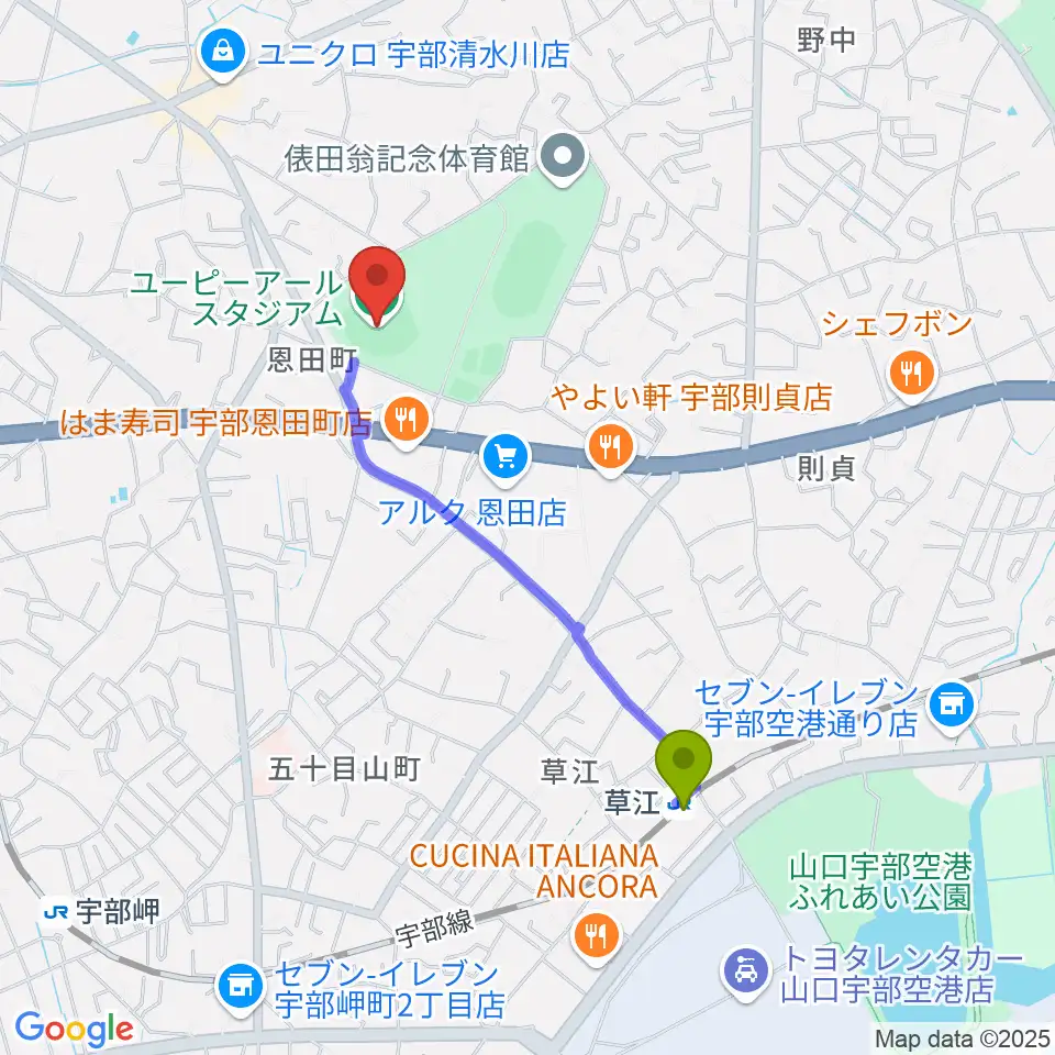 ユーピーアールスタジアムの最寄駅草江駅からの徒歩ルート（約17分）地図