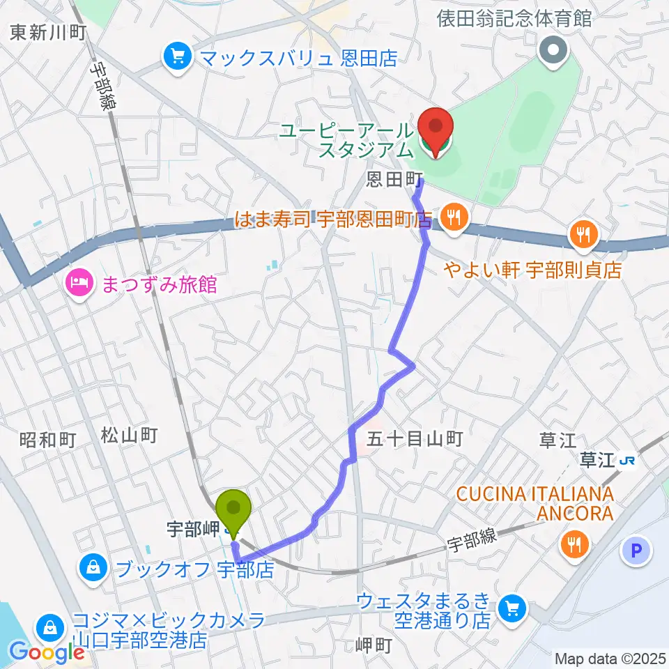 宇部岬駅からユーピーアールスタジアムへのルートマップ地図