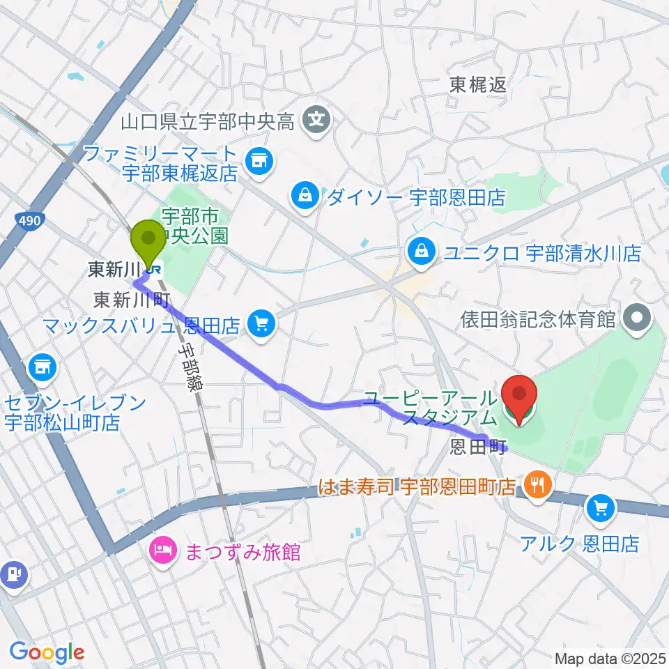 東新川駅からユーピーアールスタジアムへのルートマップ地図