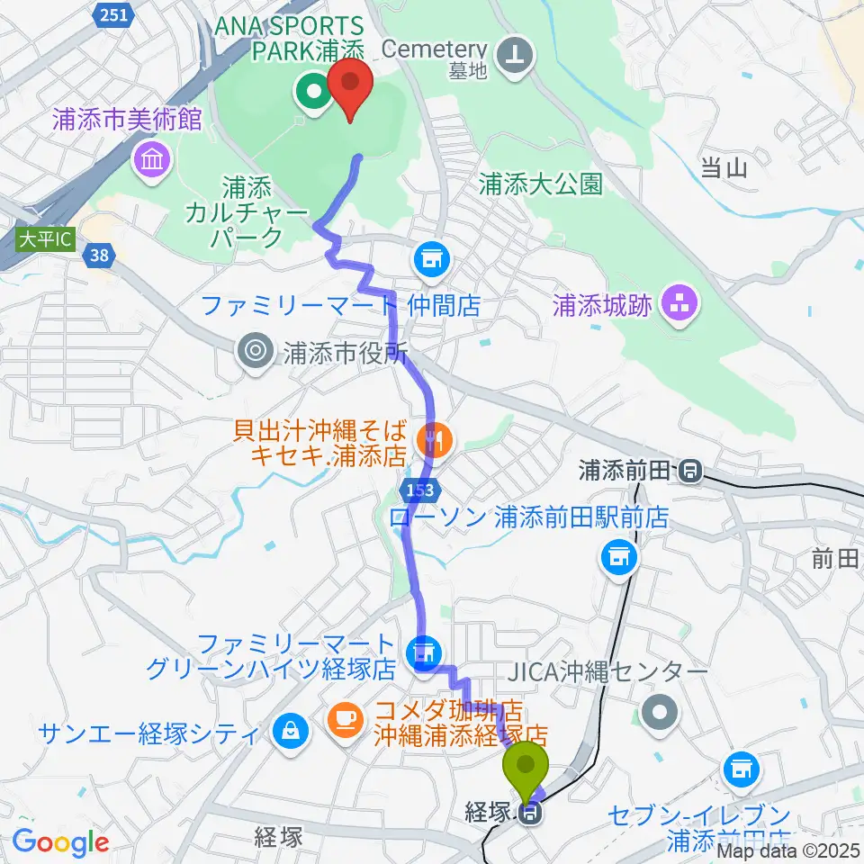 経塚駅からANA BALL PARK浦添へのルートマップ地図