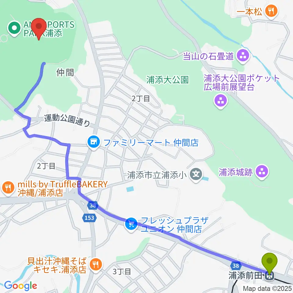 ANA BALL PARK浦添の最寄駅浦添前田駅からの徒歩ルート（約19分）地図