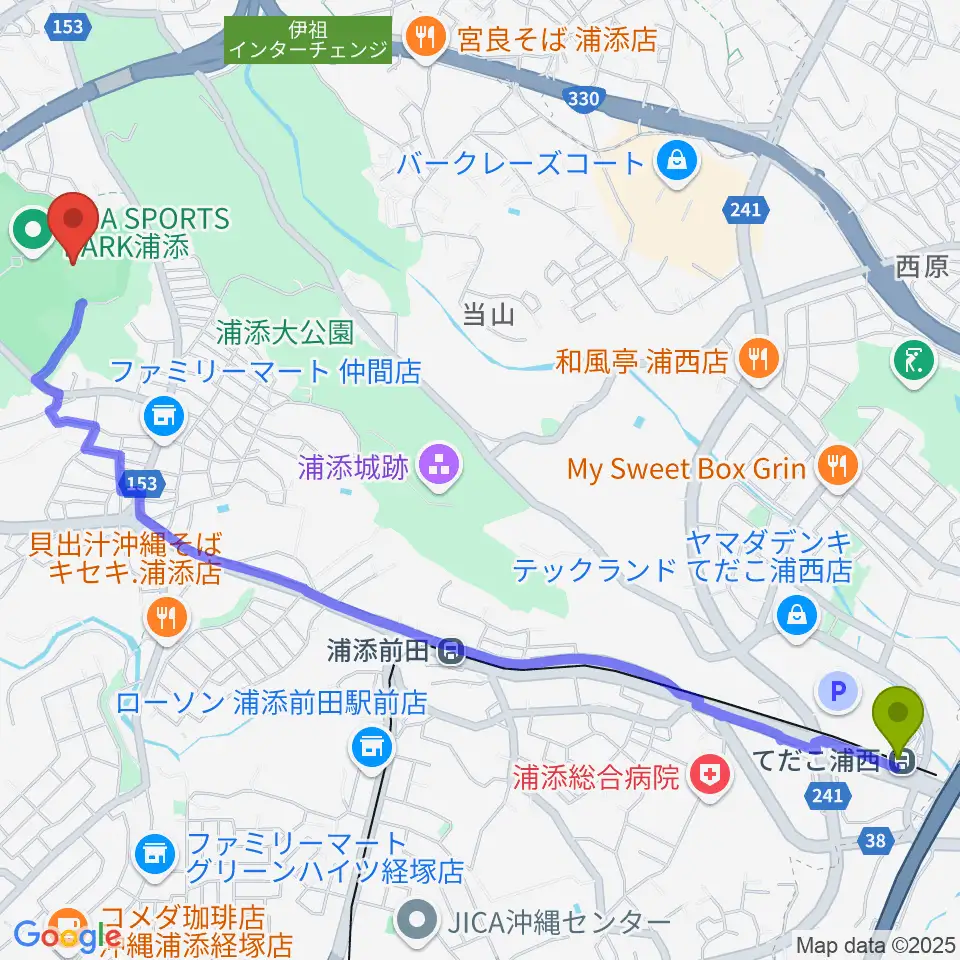 てだこ浦西駅からANA BALL PARK浦添へのルートマップ地図