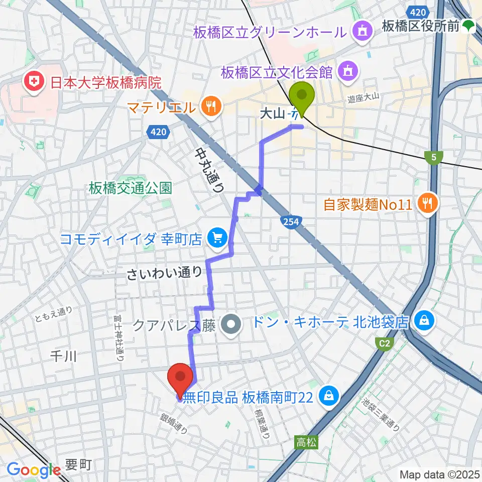 大山駅からアルトフォニックスタジオへのルートマップ地図