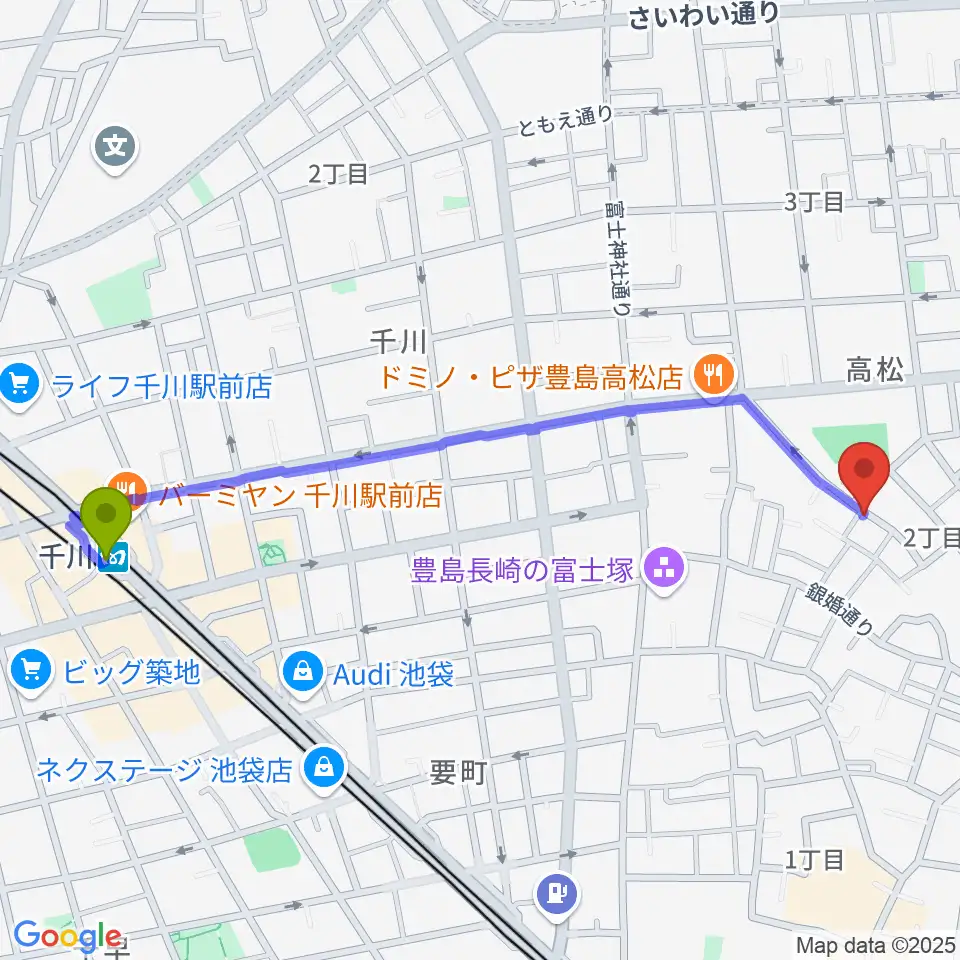 千川駅からアルトフォニックスタジオへのルートマップ地図