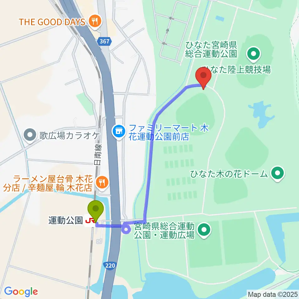 ひなたひむかスタジアムの最寄駅運動公園駅からの徒歩ルート（約9分）地図