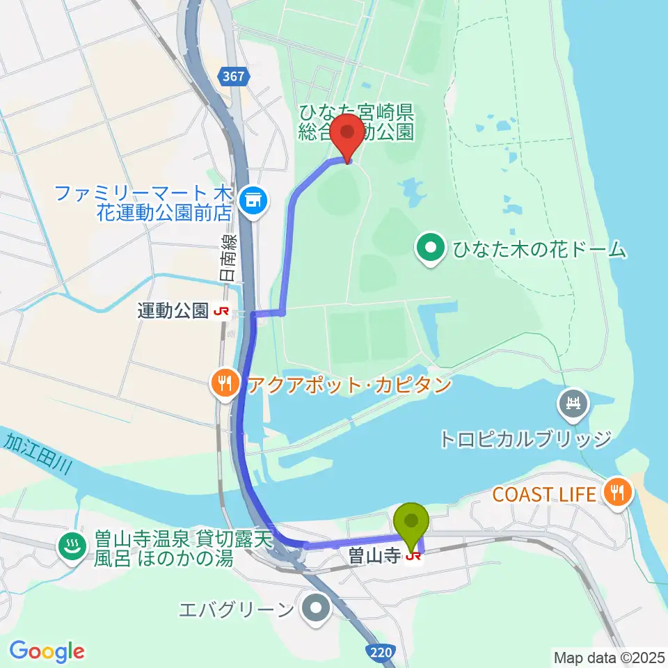 曽山寺駅からひなたひむかスタジアムへのルートマップ地図