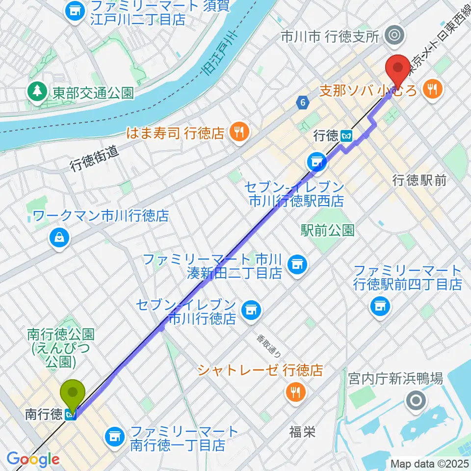 南行徳駅からワイルドフラワー・スタジオ行徳へのルートマップ地図