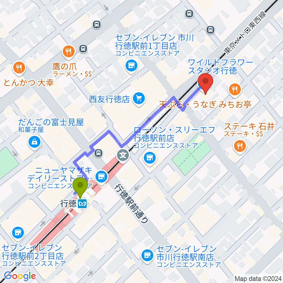 ワイルドフラワー・スタジオ行徳の最寄駅行徳駅からの徒歩ルート（約4分）地図